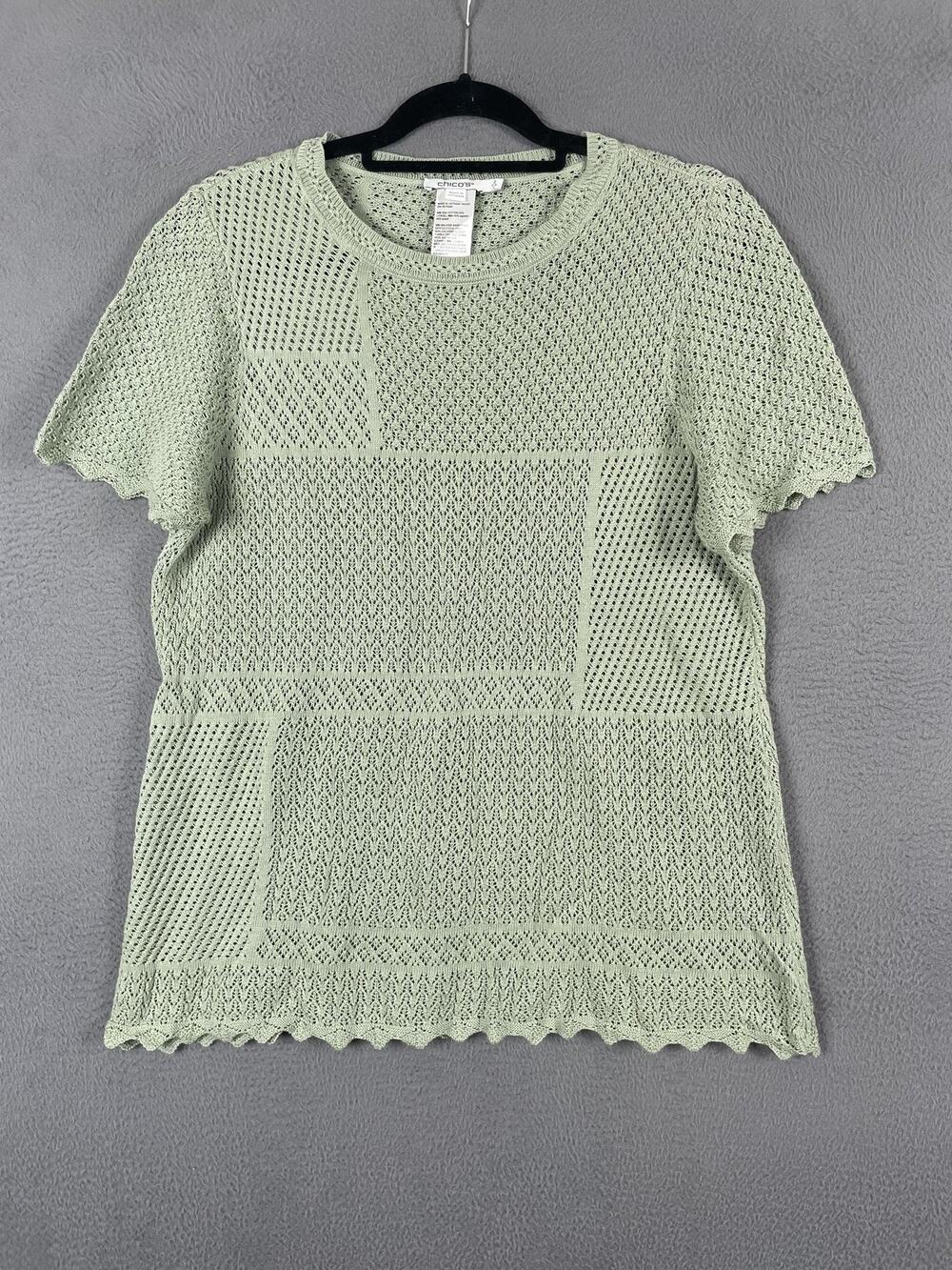 Chico's Pointelle Crewneck Sweater Tee Pullover Womens L Green Open-Knit Crochet